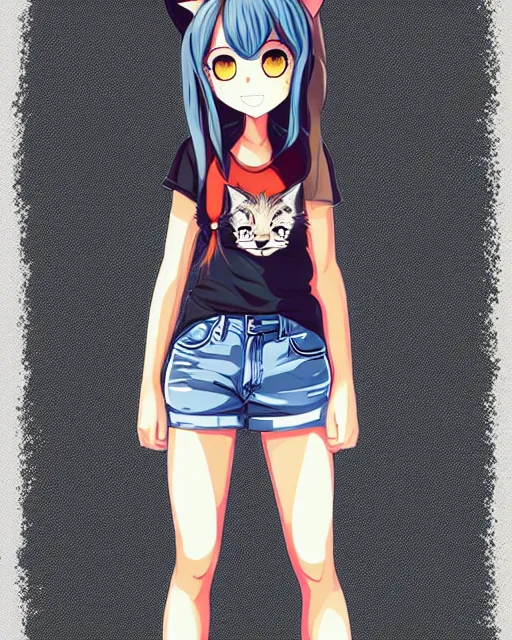 Image similar to fullbody portrait of half - lynx girl with wolf nose and ears, wearing summer jeans shorts and tshirt, anime art, concept art, detailed attractive face, trending on pixiv
