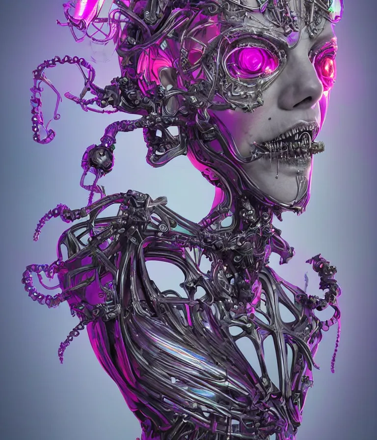 Image similar to fully symmetrical centered iridescent portrait of a beautiful princess demon in robe. skulls artificial muscles, ribcage, bones, hard surface modelling. cyberpunk look. biomechanical mask. bio luminescent biomechanical halo around head. neon jellyfish. artwork by jarold Sng by artgerm, by Eddie Mendoza, by Peter mohrbacher by tooth wu, unreal engine, octane render, cinematic light, high details, iridescent colors, dichroic, macro, depth of field, blur