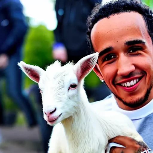 Image similar to an award winning photo of lewis hamilton holding a baby goat, 4 k