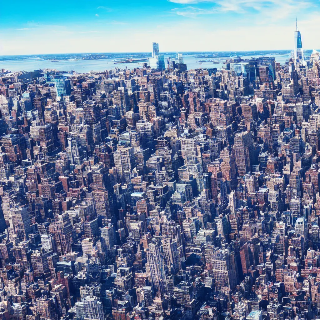 Prompt: drone shot of a coastal city skyline new york 8k resolution, blue sky, high quality lens flare