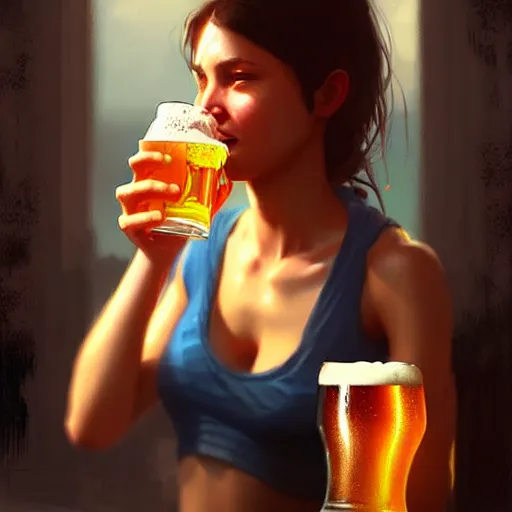 Prompt: a girl drinking beer, detailed digital art by greg rutkowski.