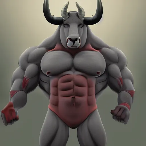 Prompt: bull headed muscular man by studio ghibli, digital art, sharp focus, 4 k, ambient lighting, foggy