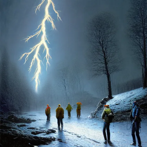 Image similar to a beautiful painting of group of climbers, extreme cold, storm, octane rendering, grim, dark, gloomy, cruel, volumetric lightning, hyperrealism, no blur, 4 k resolution, ultra detailed, style of john atkinson grimshaw, ivan shishkin, tyler edlin, scott listfield, eric zener