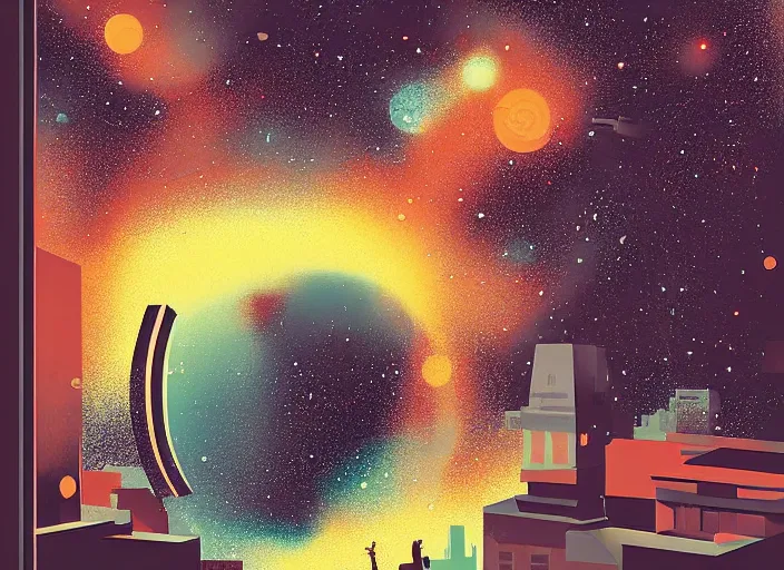 Image similar to seen through a window, galaxy, courful illustration, by petros afshar