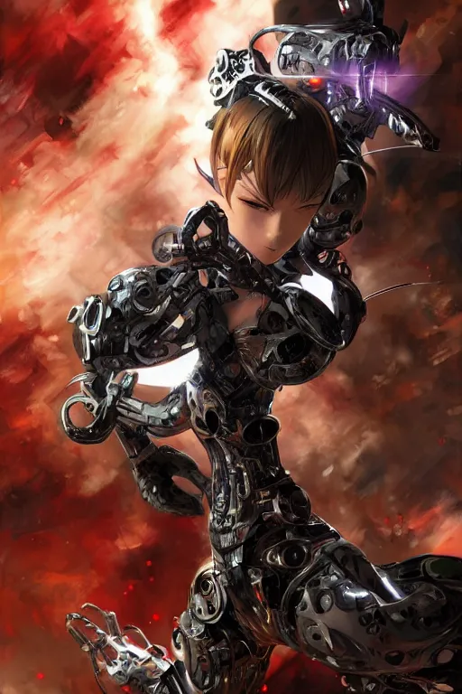 Image similar to cyborg in action, 3d, third person, sci-fi fantasy, intricate, elegant, highly detailed, lifelike, photorealistic, digital painting, artstation, illustration, concept art, sharp focus, art in the style of Shigenori Soejima