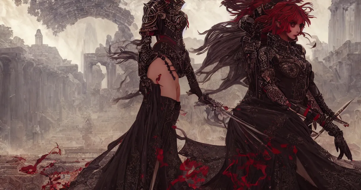 Prompt: knights of zodiac girl + smoky eyes, black and reddish armor, knight cinematic shot, in ruined agora of athens, ssci - fi and fantasy, intricate and very very beautiful and elegant, highly detailed, digital painting, artstation, concept art, smooth and sharp focus, illustration, art by tian zi and wlop and alphonse mucha