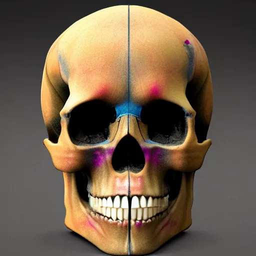 Prompt: cross section of a human skull filled with candy, beautifully lit, ray traced, octane 3D render