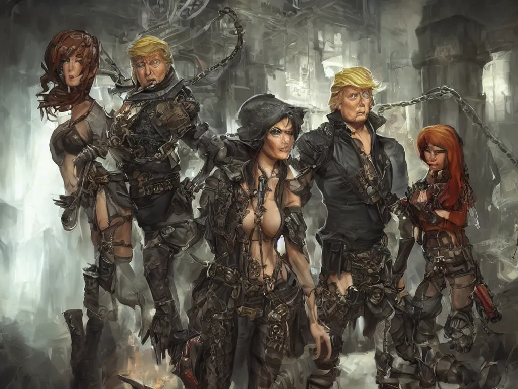 Image similar to Alex Jones standing beside donald trump in a prison jail cell, craig mullins, octane hoto of a female steampunk warrior A cute spaghetti-girl thief protagonist with leather-strap-armor and ninja weapons is exploring the tenth reality. A highly detailed fantasy character in the style of Tim Bu