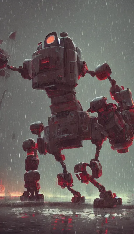 Image similar to a giant broken robots in rain after a huge battle, tired, rustic, dormant, sharp focus, james gilleard, cinematic, game art, extremely detailed digital painting, print