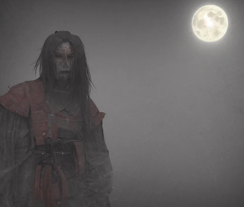 Image similar to 'a samurai! haunted by souls with a big full moon on background , gloomy and foggy atmosphere, octane render, artstation , horror scene, highly detailded'