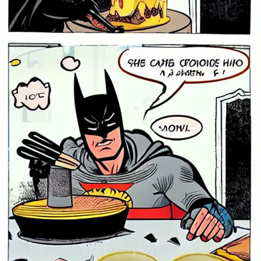 Image similar to batman baking a cake in a cozy french kitchen, comic book style