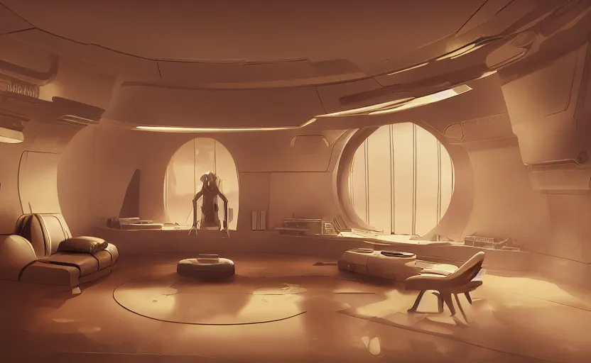 Image similar to a small futuristic apartment interior in the style of dune, warm moody lighting, large round window, wide angle lens, trending on artstation, 8k,