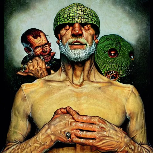 Prompt: cube headed snake man happy, ultra detailed, style of norman rockwell, style of richard corben, 4 k, rule of thirds.