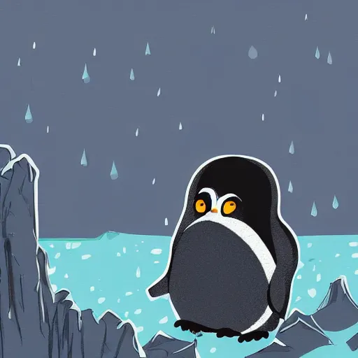 Image similar to A penguin on a icy cliff dressed as a gothic emo. Illustration