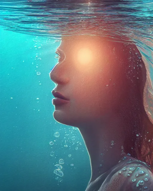 Image similar to portrait of woman underwater during sunrise, sunrays, flowing fabrics, caustics, rippling water, photoshoot, flowing hair, haunting, iconic, fine-art, masterpiece, trending on artstation