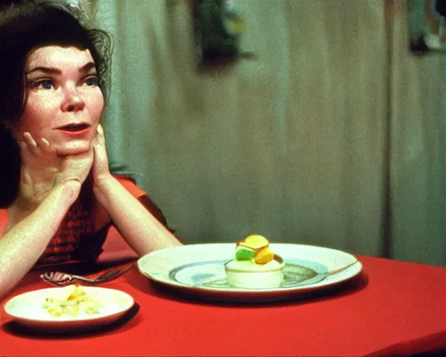 Image similar to 1 9 7 9 a soviet movie still a bjork sitting at a table with a plate of food in dark warm light, a character portrait by nadya rusheva, perfect symmetric coherent face, perfect symmetric eyes, featured on cg society, neo - fauvism, movie still, 8 k, fauvism, cinestill, bokeh, gelios lens