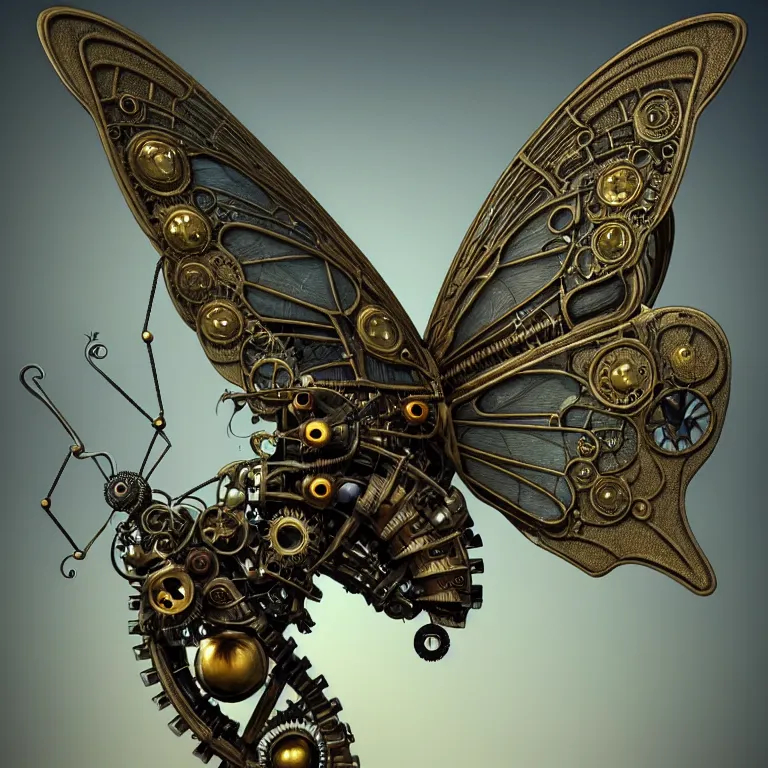 Prompt: steampunk cybernetic biomechanical old world swallowtail with wings, 3 d model, very coherent symmetrical artwork, unreal engine realistic render, 8 k, micro detail, intricate, elegant, highly detailed, centered, digital painting, artstation, smooth, sharp focus, illustration, artgerm, tomasz alen kopera, wlop