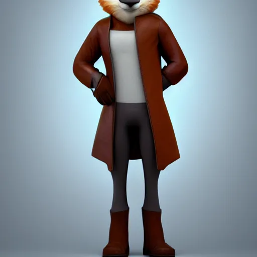 Image similar to 3 d render, portrait, anthropomorphic fox, male, in a brown leather maxi jacket, in the style of zootopia