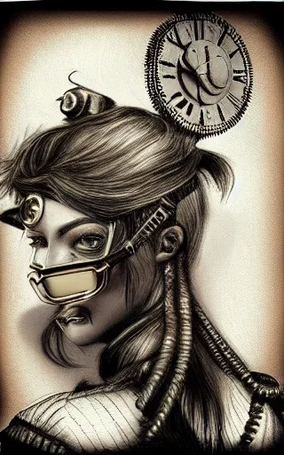 Image similar to pencil drawing of a steampunk girl, medium long shot, digital art, trending on artstation