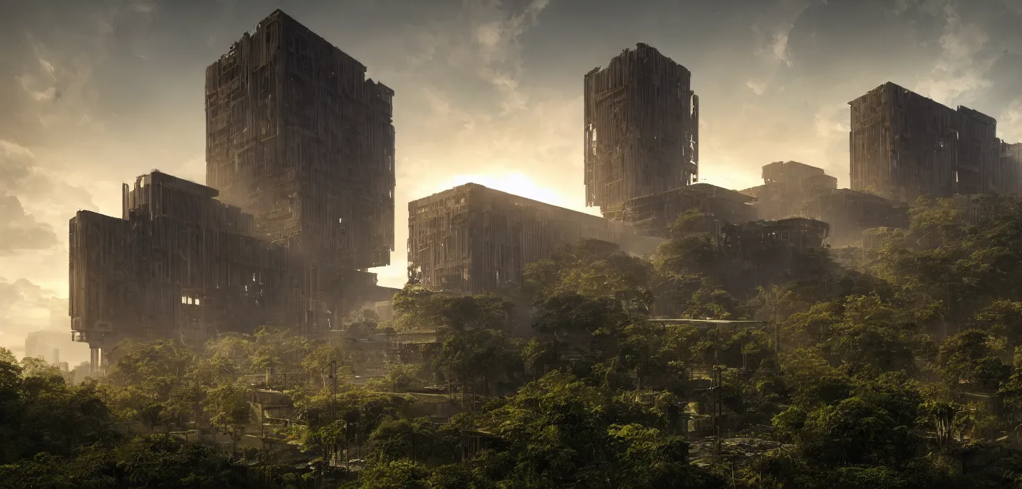 Image similar to brutalist architecture, surrounded by lush green vegetation, stunning volumetric lighting, sunset, rusted metal, concrete, stunning skies, 8k, photorealistic, hyper detailed, unreal engine 5, IMAX quality, cinematic, epic lighting, digital painting in the style of DOOM, by Greg Rutkowski, trending on Artstation