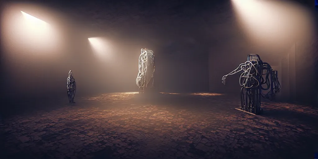 Image similar to “God being created out of machine, dystopian, volumetric light, 8k, unreal engine, by Felix Kahn”