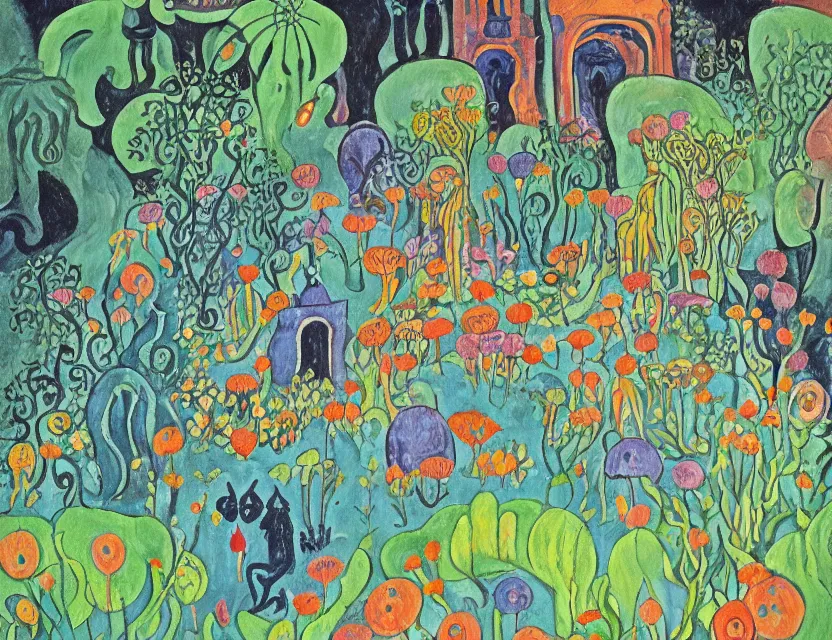 Image similar to lovecraftian persian palace garden. this gouache painting by tove jansson has dramatic lighting, an interesting color scheme and great sense of depth.