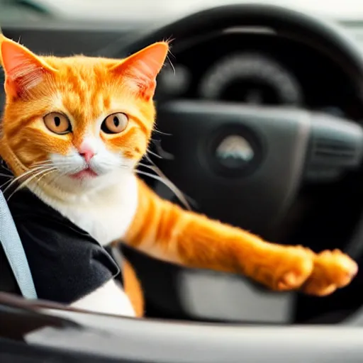 Image similar to an orange tabby cat driving a car, his paws are on the steering wheel