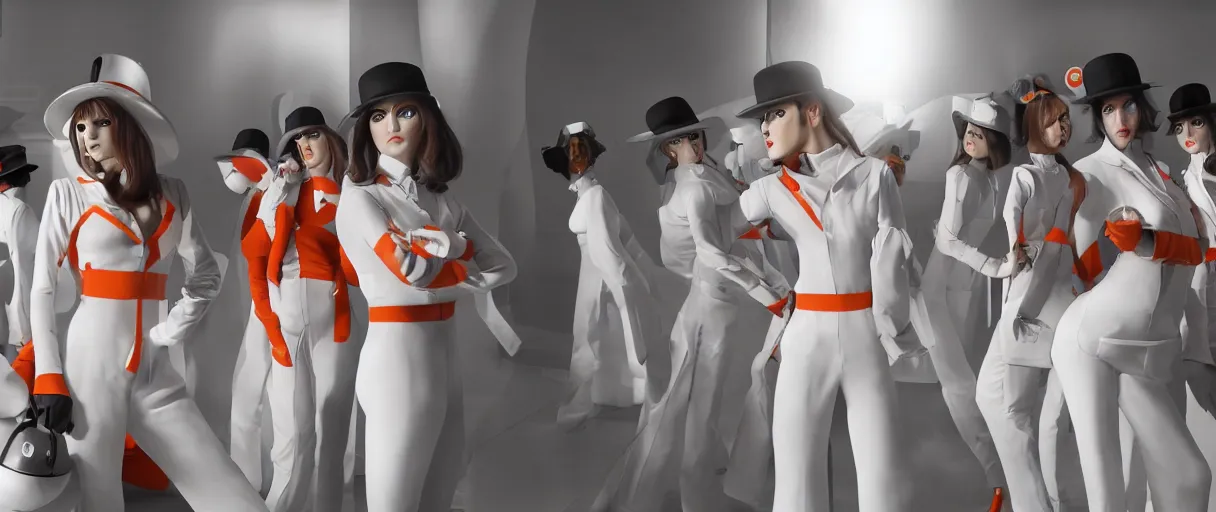 Image similar to a wide angle shot of a clockwork orange female droog gang, beautiful soft features, designed by artgerm and a red pininfarina sportscar in the background hdr, 8 k, hyperrealistic, volumetric lighting