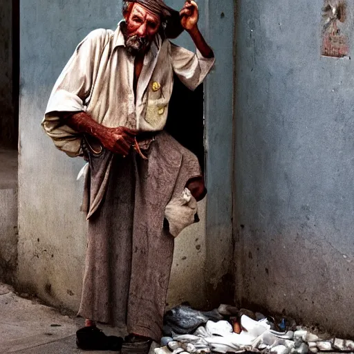 Image similar to homeless millionaire, in expensive clothes and with a cigar, by Steve McCurry, clean, detailed, award winning