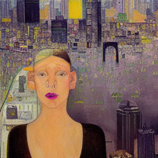 Prompt: “ a girl looking down at a futuristic new york city below, ghostpunk, fog, storm clouds, rain, detailed face, oil painting, by jan toorop ”