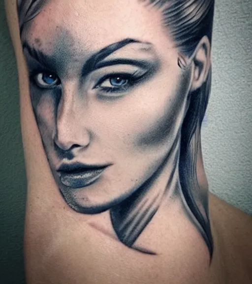 Image similar to tattoo design sketch of a beautiful blue - eyed woman face with a faded background of beautiful mountains and nature on her side, hyper - realistic, in the style of den yakovlev, amazing detail, black and white