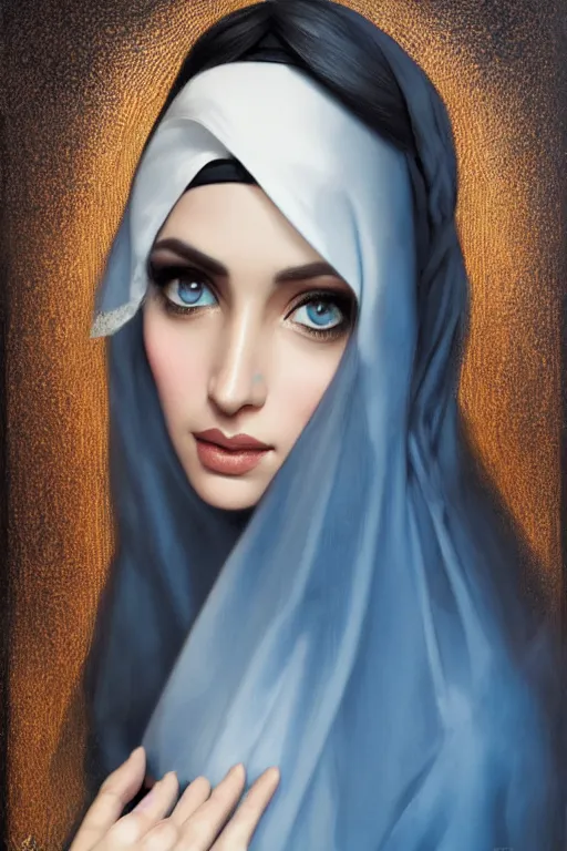 Image similar to modern arab Ameera al-Taweel, bright blue eyes, wavy black hair, white veil, closeup, focus face, elegant, highly detailed, centered, oil painting, artstation, concept art by tom bagshaw