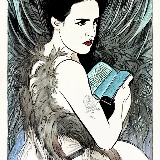 Image similar to young jennifer connelly as odile, gothic dark fae disney villain with black feathers instead of hair, girlboss, dominant, zero g, reading a book, feathers growing out of skin, pulp sci fi, mike mignola, david mack, romantic, comic book cover, vivid, beautiful, illustration, highly detailed, oil painting