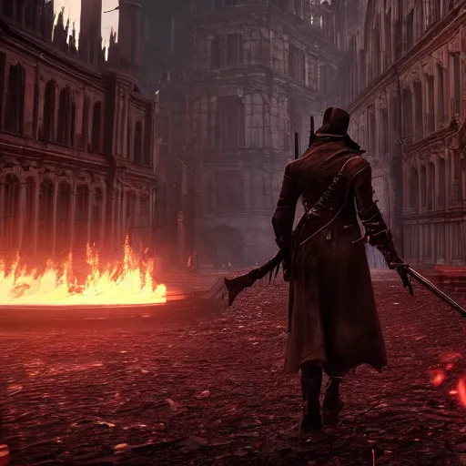 Prompt: looking down rifle in first person shooter bloodborne, background out of focus, flames