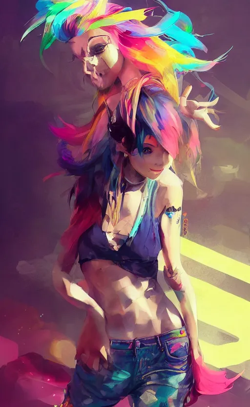 Prompt: a cute woman with rainbow hair dancing, kawaii shirt and jeans, kawaii chibi unicorn friend, In style of Yoji Shinkawa, wojtek fus, by Jordan Grimmer and greg rutkowski, concept art, highly detailed