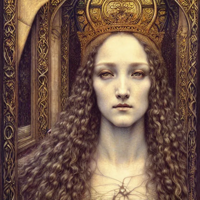 Image similar to detailed realistic beautiful young medieval queen face portrait by jean delville, gustave dore and marco mazzoni, art nouveau, symbolist, visionary, gothic, pre - raphaelite. horizontal symmetry