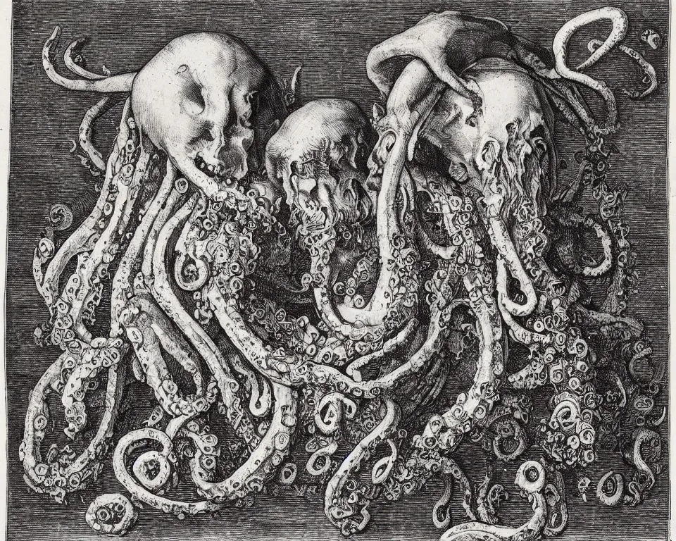 Prompt: A salvage with an octopus head in the style of Albrecht Durer, engraving, black and white