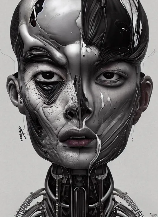 Prompt: a dream portrait of a anthropomorchic robot with half skin, black & white, melting, webbing, 8 k, by tristan eaton, stanley artgerm, tom bagshaw, greg rutkowski, carne griffiths, ayami kojima, beksinski, giger, trending on deviantart, face enhance, hyper detailed, minimalist, horror, alien