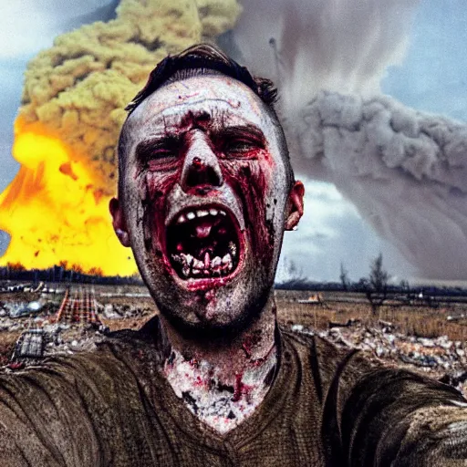 Image similar to selfie of a ukrainian screaming in pain and terrible injuries from a nuclear explosion, everything is on fire and radiation, in the background there are a lot of people like zombies, corpses and skeletons, a large nuclear explosion in the background, people are painted in yellow and blue, all dirty with severed limbs, doomsday