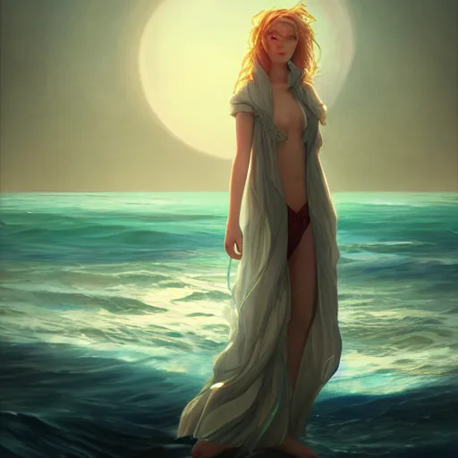 Prompt: Watching the ocean at my beach house. Beautiful digital art by Charlie Bowater, by John Bauer, hopeful and bright, trending on artstation