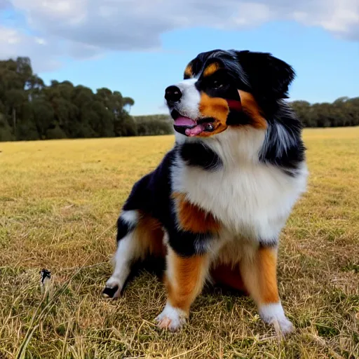 Image similar to australian shepherd with one eyepatch in a field on a sunny day