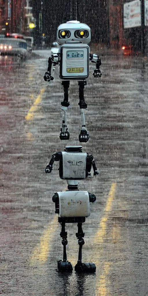 Image similar to robot on the road, city, photo, rain,