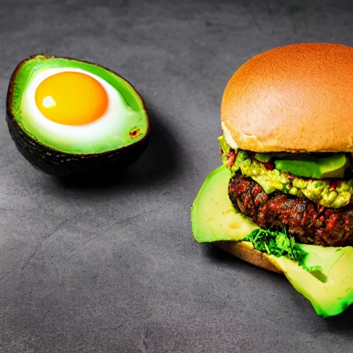 Image similar to juicy vegan hamburger topped with avocado and onion and a vegan fried egg, crispy buns, 8 k resolution, professional food photography, studio lighting, sharp focus, hyper - detailed