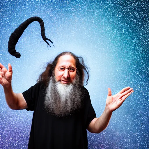 Prompt: Richard Stallman an arcane wizard casting a spell, 4k, fantasy, mystical, Sony A7R III, 85mm, f/1.8, 2018