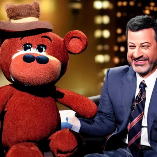 Prompt: Jimmy Kimmel interviewing Freddy Fazbear, tv show, television,