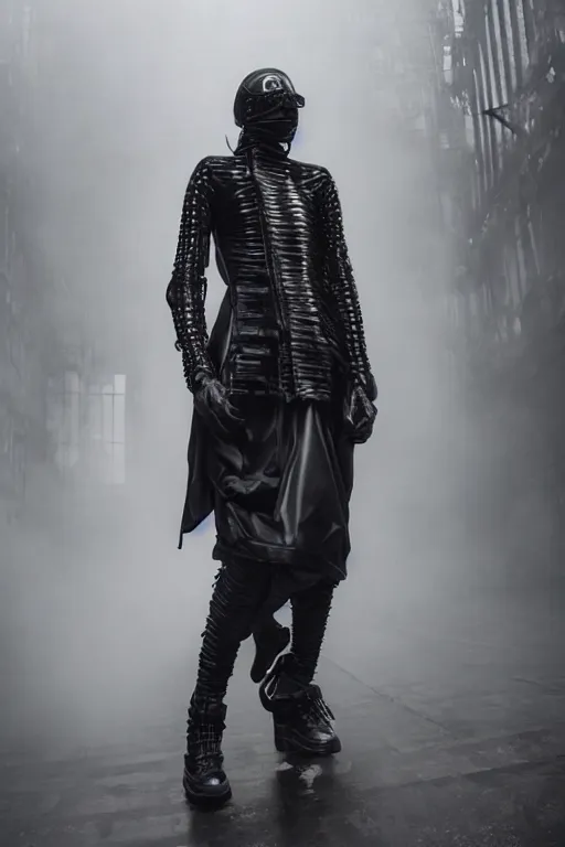 Image similar to avant garde techwear look and clothes, we can see them from feet to head, highly detailed and intricate, hypermaximalist, dystopian futuristic castle background, eerie fog, luxury, Rick Owens, Errolson Hugh, Yohji Yamamoto, cinematic outfit photo