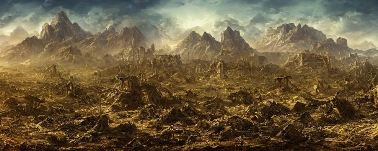 Image similar to apocalypse landscape, ruins and mountain in the background, broken rusty robots scattered on the ground, masterpiece 4k, intricate details, realistic, panoramic view, Hyperdetailed, 8k resolution, intricate art nouveau