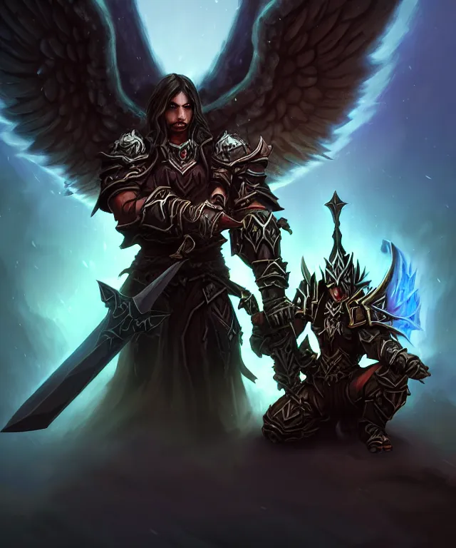 Image similar to dark world of warcraft blizzard art, portrait of fallen man angel kneeling with a sword and wings, bokeh. dark art masterpiece artstation. 8k, sharp high quality illustration in style of Jose Daniel Cabrera Pena and Leonid Kozienko, concept art by Tooth Wu