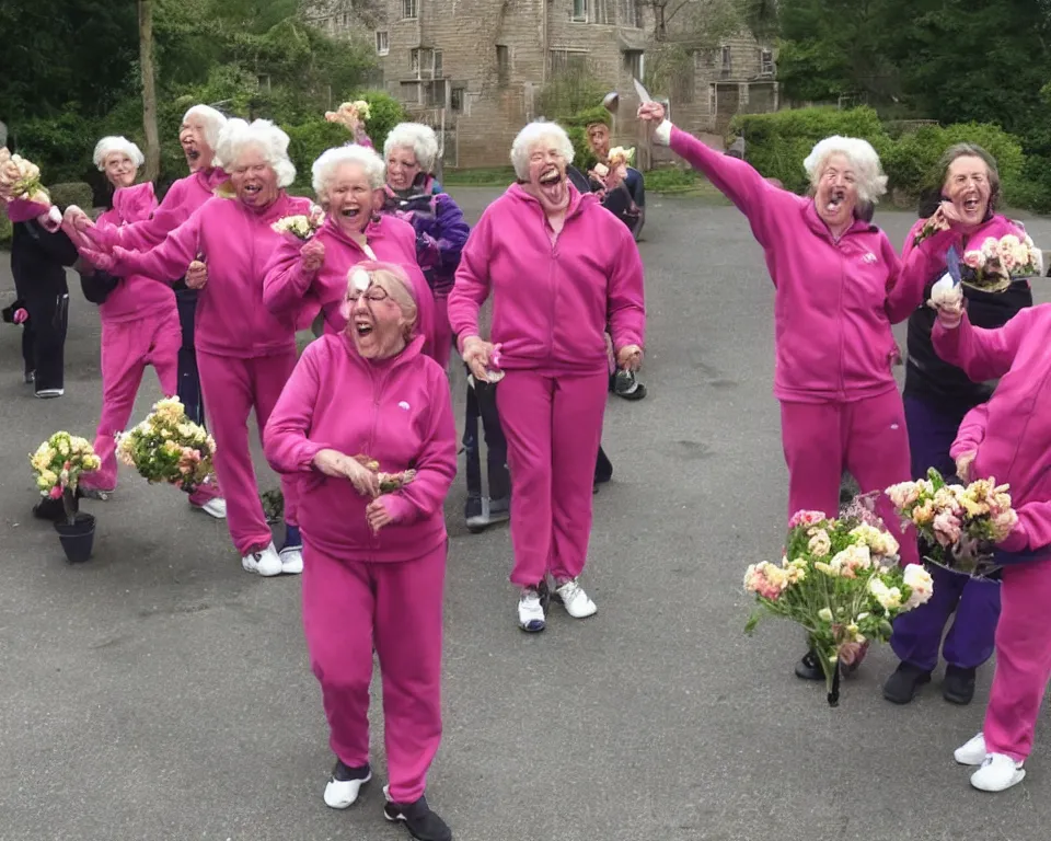 Prompt: a gang of old ladies waving flowers and pitch-forks, and wearing track suits laughing maniacally and screaming