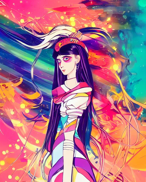 Image similar to poster woman with futuristic streetwear and long hair, colourful, pretty face, intricate eyes, elegant, Anime by Roset Conrad Sailor Moon Kuvshinov Ilya 4k, HDR, Graphic Design, Behance Trending on artstation, award winning